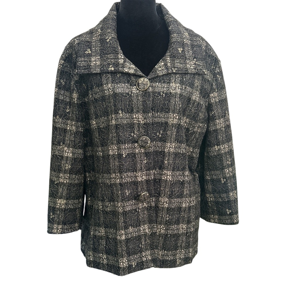 Chicos Black Gold Plaid Lace Button Front Jacket Metallic Size 3 XL